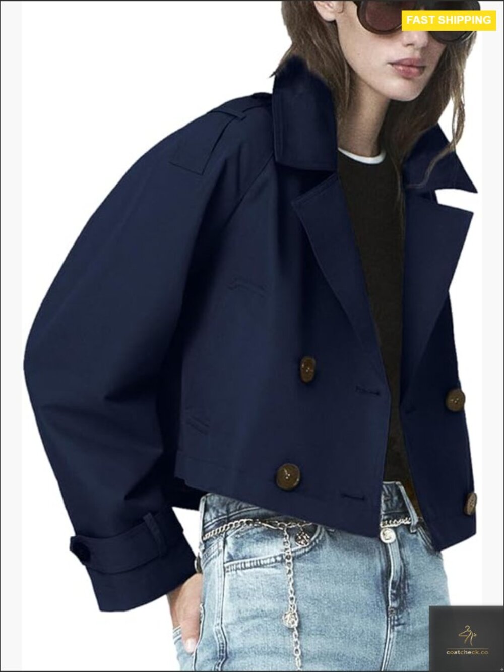 Cropped Trench Coat Double Breasted Short Jacket Long Sleeve Relaxed Fit Casual